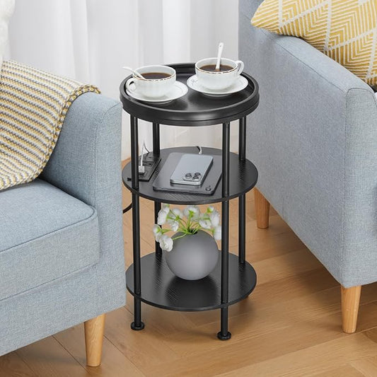 Small Round Side Table with Charging Station for Small Spaces, 3-Tier Accent Table with USB Ports & Power Outlets, Sofa Corner Tea Table for Living Room Nightstand Bedroom Apartment (Black)