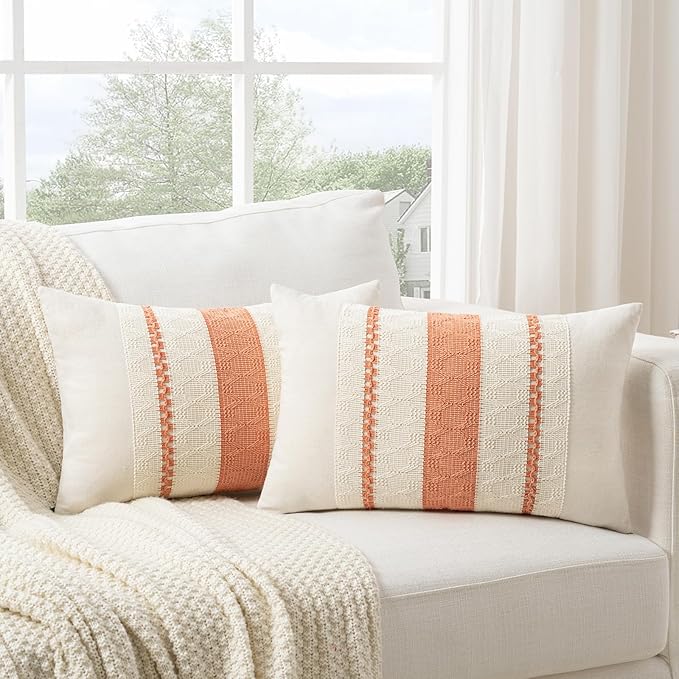 Fancy Homi Set of 2 Boho Coral Lumbar Decorative Throw Pillow Cover 12x20 Inch for Couch Bed Sofa Chair, Modern Organic Farmhouse Home Decor, Soft Cotton Cute Accent Rectangle Cushion Case