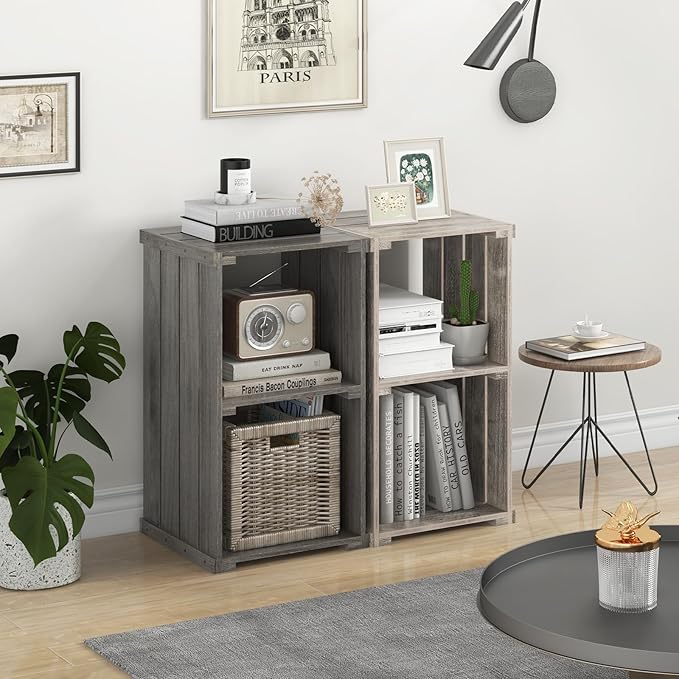 Giantex 2-Cube Bookcase, 3-Tier Paulownia Wood Cubic Organizer w/Open Back, Freestanding Cubby Storage Shelf, Slatted Wooden End Table, Farmhouse Style Bookcase for Living Room, Bedroom