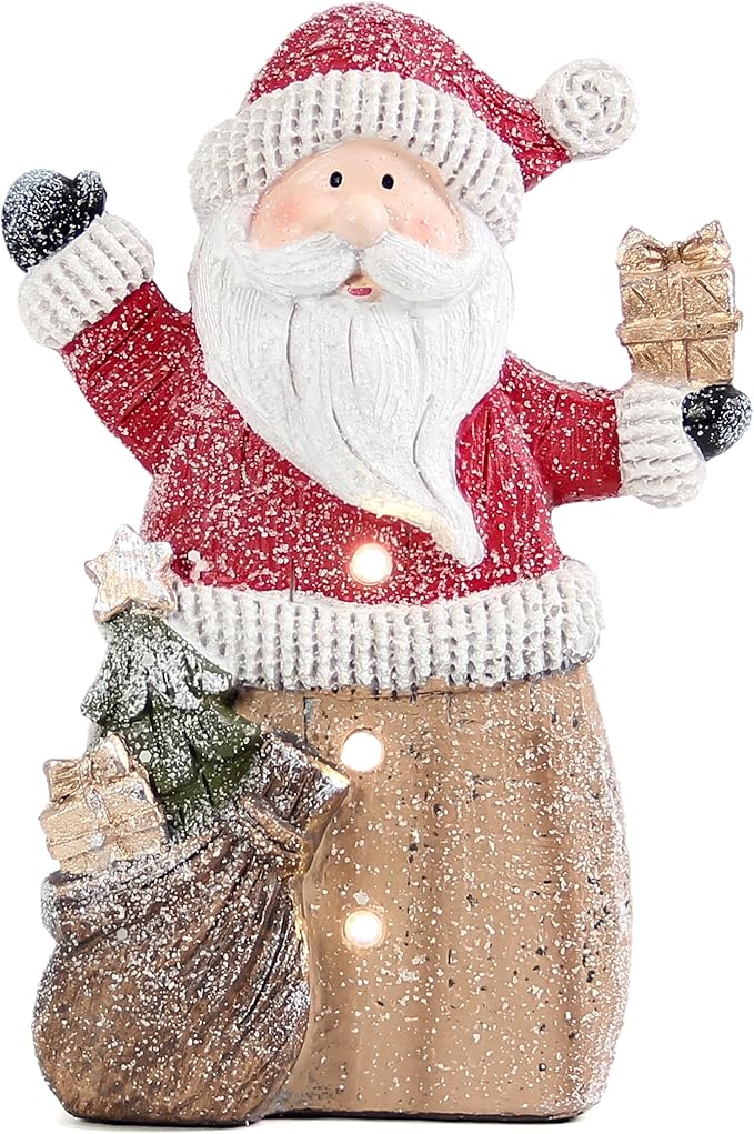 Santa Claus Statue with LED Lights for Christmas Decorations, Winter Holiday Decor for Shelf Bookshelf Fireplace Mantle Indoor Home, Christmas New Year Xmas Figurine