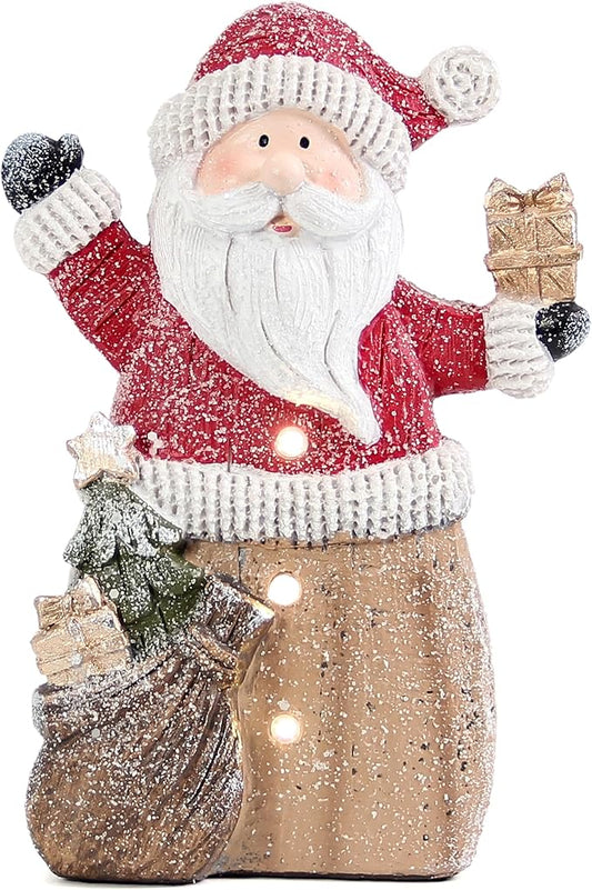 Santa Claus Statue with LED Lights for Christmas Decorations, Winter Holiday Decor for Shelf Bookshelf Fireplace Mantle Indoor Home, Christmas New Year Xmas Figurine