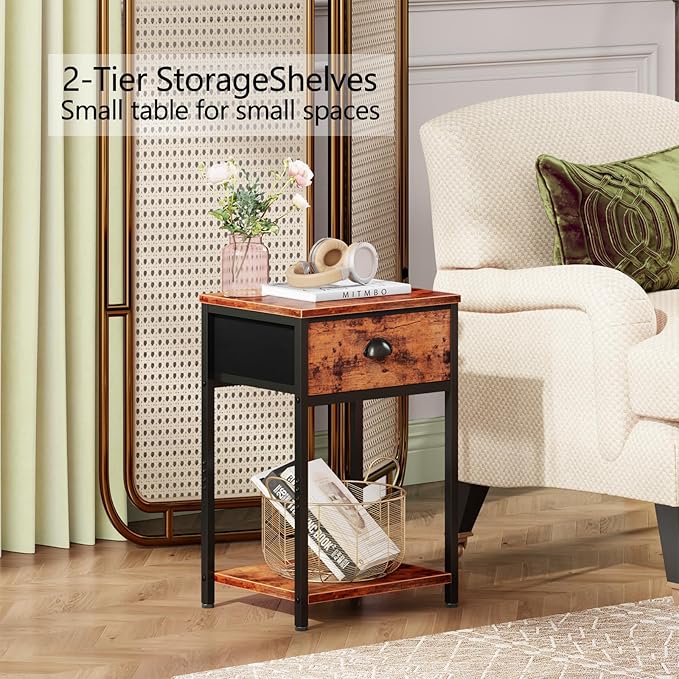 Furologee Nightstands Set of 2, Night Stand with Fabric Drawer and Storage Shelf, Retro Bedside Sofa Tables for Small Place, End Side Tables Living Room Bedroom, Rustic Brown
