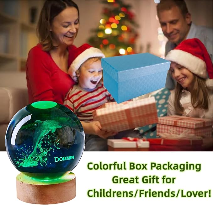 Dolphin Crystal Ball Lamp with LED Wooden Base, 16 Colors Change & Remote Control Sea World Crystal Ball Night Light, Upgraded 3.15 Inch Glass Light, Gift for Kids Wife Girlfriend (Dolphin)