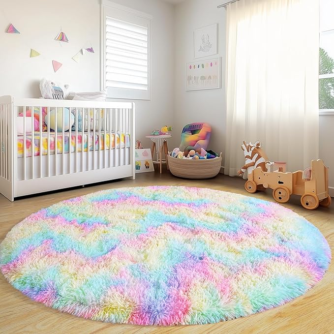 Round Fluffy Rugs 6Ft for Girls Bedroom, Rainbow Shag Circle Kids Rug Non-Slip for Bedside Dorm Nursery Playroom, Soft Cute Area Rugs for Living Room Decor