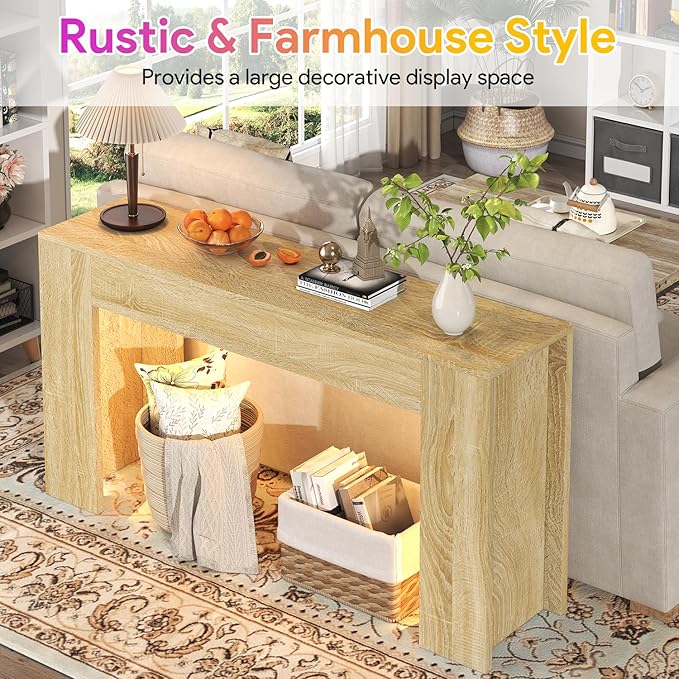 63-Inch Long Console Table with LED Light, Farmhouse Sofa Table Behind Couch, Wooden Console Table for Entryway Hallway Entrance Living Room, Nature