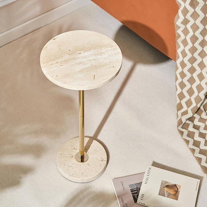 Premium Small Round Natural Marble Pedestal Side Table, End Table, Mini Drink Table with Upgraded Weighted Marble Base, for Livingroom, Bedroom, Bathroom, Balcony, Small Spaces (Beige Travertine)