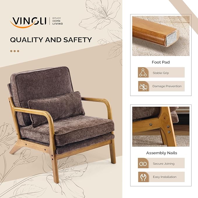 VINGLI Chenille Mid-Century Modern Accent Chair Set of 2, Cute Reading Arm Chair with Cushion & Lumbar Pillow & Solid Wood Frame for Lounge, Living Room, Reading Room, Bedroom, Espresso