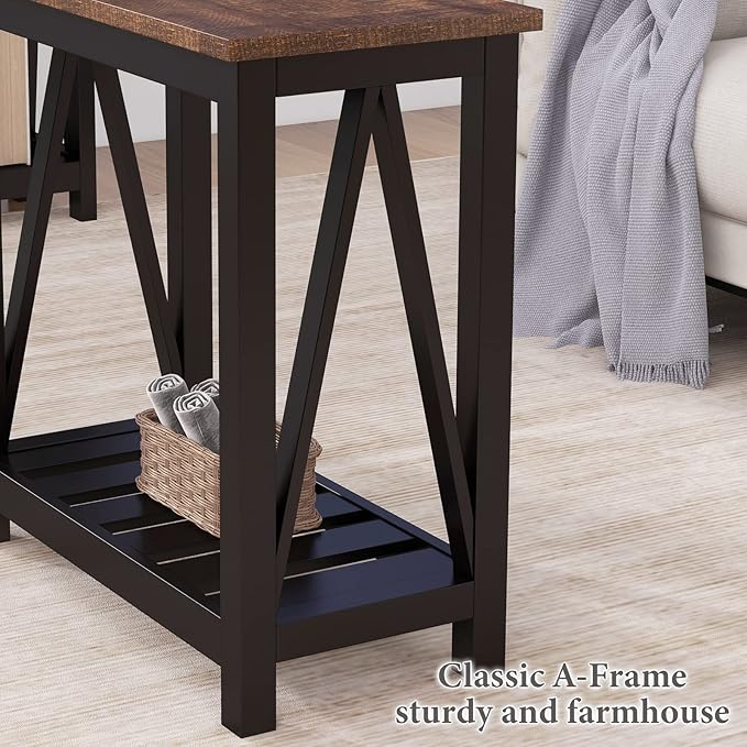 ChooChoo Farmhouse End Table, Rustic Vintage Narrow End Side Table with Storage Shelf for Small Spaces, Nightstand Sofa Table for Living Room, Bedroom Black 2 Pack