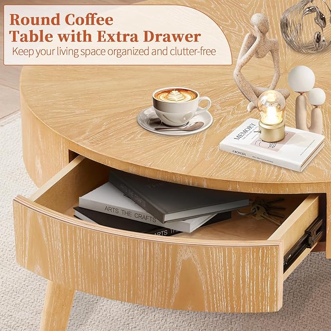 2 Piece Modern Farmhouse Coffee Table Set with Drawer, Boho Round Natural Real Wood Coffee Table for Living Room, Nesting Coffee Side Table Set with Radial Design, Light Brown