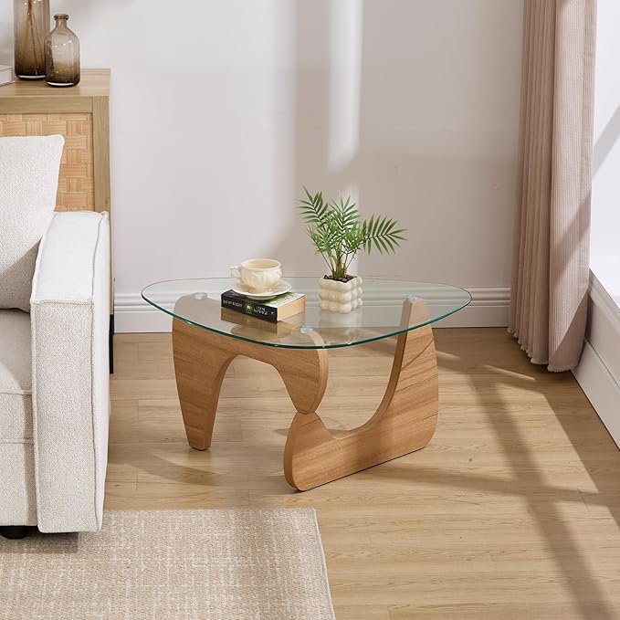 Small Glass Coffee Table, 32.5" Triangle Center Table with Wood Base Abstract Contemporary Coffee Table for Living Room Office Patio, Natural