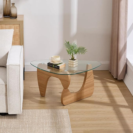 Small Glass Coffee Table, 32.5" Triangle Center Table with Wood Base Abstract Contemporary Coffee Table for Living Room Office Patio, Natural