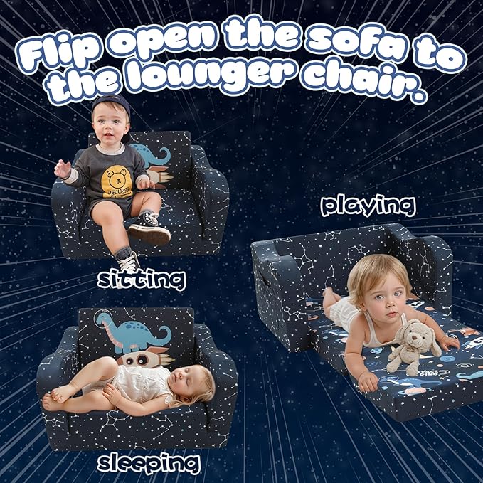 MeMoreCool Toddler Couch Sofa – 2-in-1 Foldable Kids Chair & Lounger for Ages 1–3 Soft Star Pattern | Pull-Out Sleep Sofa | Ideal for Playroom or Travel