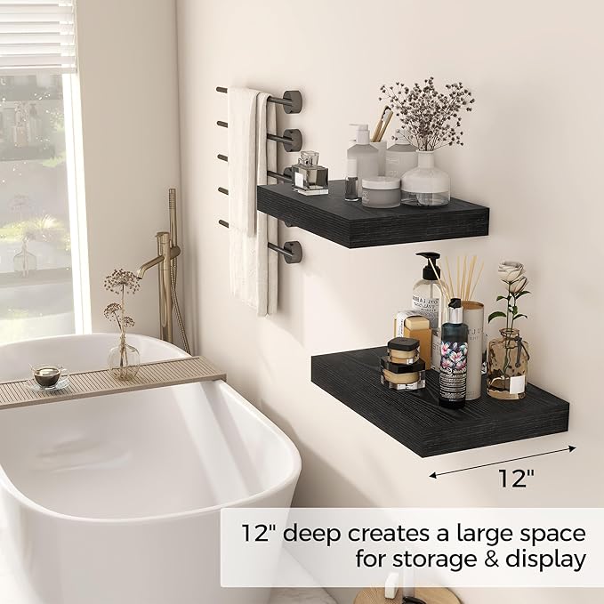 12 Inch Deep Black Floating Shelves, 16 x 12 Floating Shelf for Books, Rustic Wood Deep Wall Shelves for Home Storage & Display, 2" Thicked Shelves for Kitchen, Living Room, Bedroom, 2 Pack