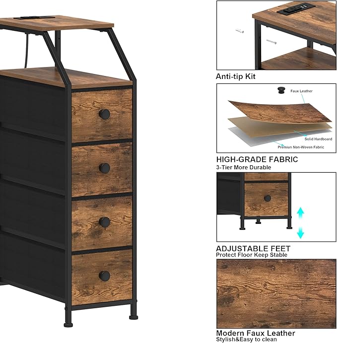 Tohomeor Narrow Dresser Tall Skinny Storage Tower Vertical Slim Chest of Drawers with Charging Station Small Nightstand Side Table for Bedroom, Bathroom, Small Spaces (Rustic Brown, 4 Drawers)