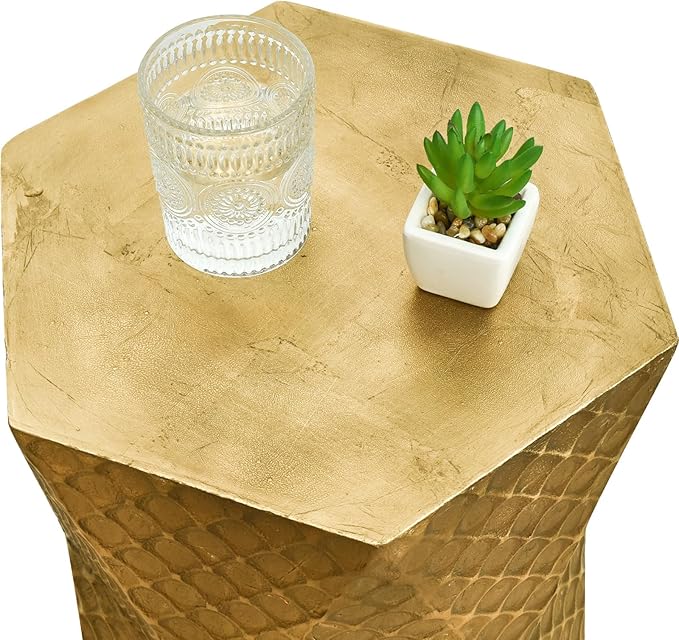 Round Side Table, Rustic Console Table, Gold Geometric End Tables Ideal for Couch Sofa Living Room or Bedroom Stand (Gold Scaled Texture)