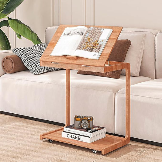 C Shaped Rolling End Table with Wheels - Solid Wood Side Table for Couch, Wooden Modern Tv Tray Bedside Tables for Sofa Armchair Living Room Bedroom, Cherry, 15.4 in x 23.6 in x 24.8 in