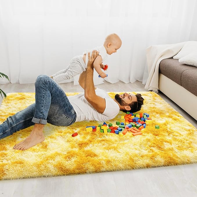 Small Rugs for Bedroom, Fuzzy Throw Rug for Living Room Dorm, Soft Fluffy Bedroom Rug, Non Slip Shag Rugs, Modern Indoor Home Decor Aesthetic, 2x3 Feet, Tie-Dyed Yellow