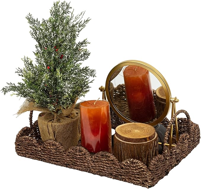 14" Handmade Wicker Tray with Scalloped Edge, Seagrass Basket with Handles, Decorative Boho Accent for Coffee Table or Ottoman, Holiday Serving