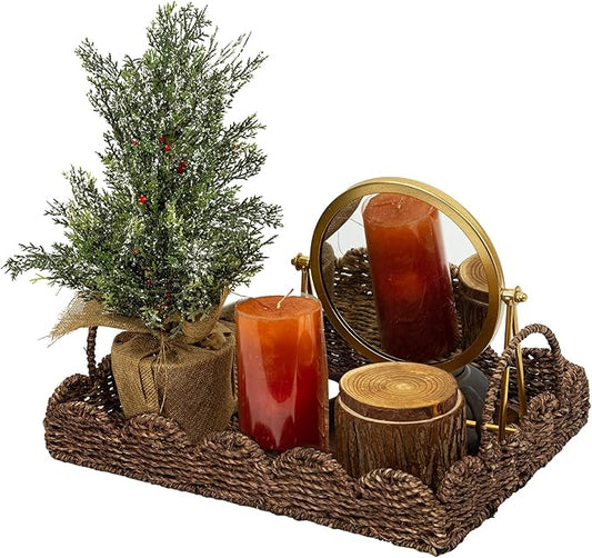 14" Handmade Wicker Tray with Scalloped Edge, Seagrass Basket with Handles, Decorative Boho Accent for Coffee Table or Ottoman, Holiday Serving