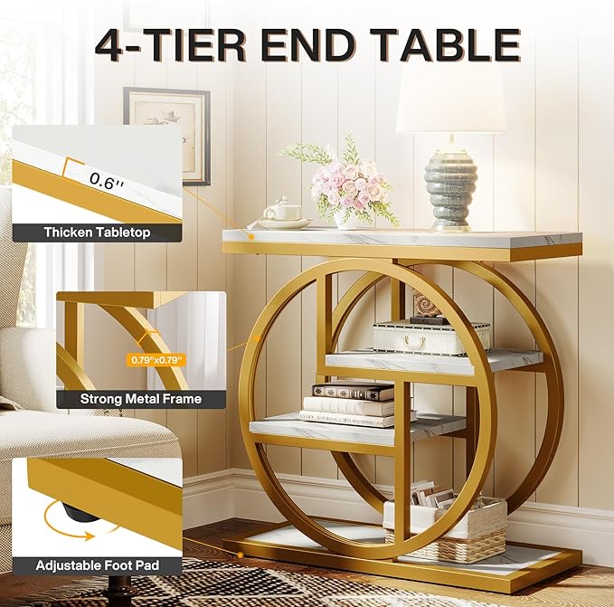 Tribesigns End Table for Living Room, Modern Faux Marble Narrow Side Table with Storage Shelves, 4-Tier Bedside Table for Bedroom, Small Sofa Side Table with Geometric Metal Frame (1 PC, White & Gold)