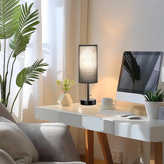 Black Bedside Lamps for Bedroom Set of 2 - Nightstand Table Lamp with USB Charging Port, Pull Chain Night Stand Light, Side Table Desk Reading Lamp for Living Room/Dorm/Bathroom/Kitchen