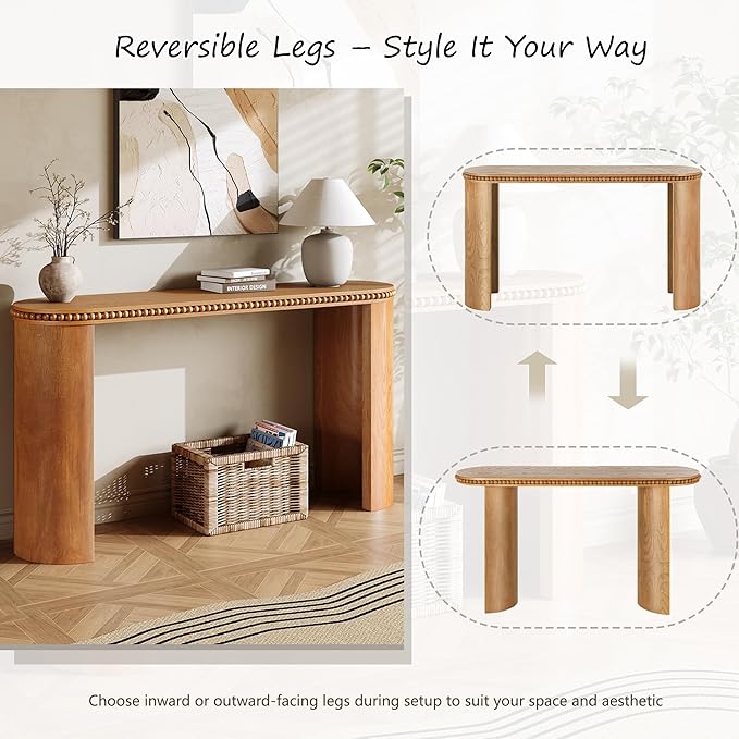 kevinplus 59.8'' Console Table Sofa Table for Entryway, Modern Elegant Design & Reversible Curved Column Leg, Easy Assemble, Brown