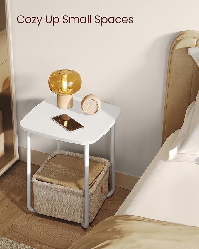 VASAGLE LILEA Collection - Side End Table with Fabric Basket, Modern Nightstand, Square Bedside Table, for Living Room, Bedroom, Matte White and Camel Brown ULET229W10
