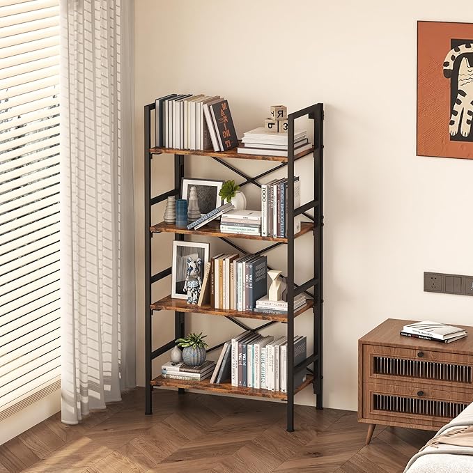 Homeiju Folding Bookshelf,4 Tier Bookcase Foldable Shelf with X-Bracket Design, Adjustable Feet, Space Saving Storage for Living Room, Office, Rustic Brown