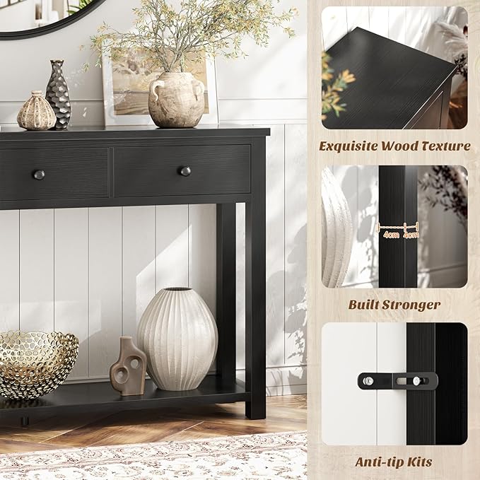 Homieasy Farmhouse Console Table with 2 Drawers, 32 Inch Small Sofa Table with Storage Shelf for Living Room, Behind Couch, Entryway Table for Hallway, Living Room, or Foyer, Black