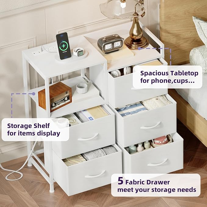 Somdot White Nightstand with Charging Station and LED Light, Wide 5 Drawers Dresser for Bedroom with Fabric Bins and Open Shelf for Bedroom Kids Closet Dorm Guest Room, White Leather