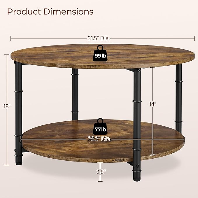 Yaheetech Round Coffee Table with Storage Shelf, 2 Tier Wood Coffee Table for Living Room Modern Accent Center Tables with Easy Assembly 31.5 x 18 Inches