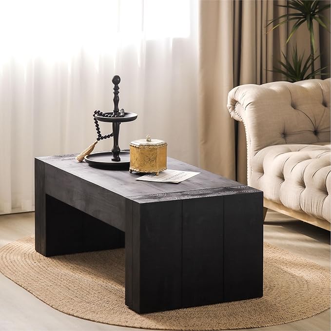 Coffee Table, 49" x 23.7" Rectangular Coffee Table Rustic Side Table Solid Wood Center Table Versatile Tea Table Accent End Table for Living Room Apartment, Black