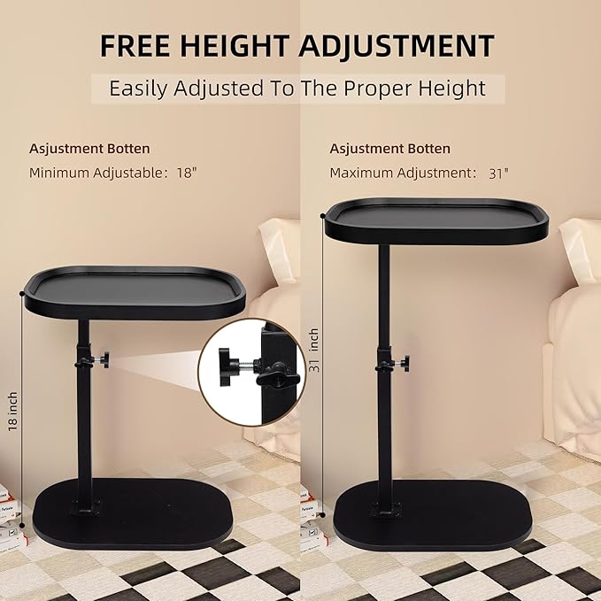 Aoligrace 360°Swivel C Shaped End Table, Adjustable Height TV Tray Table for Couch Sofa Bed, Black Small Side Table for Small Spaces Living Room Bedroom