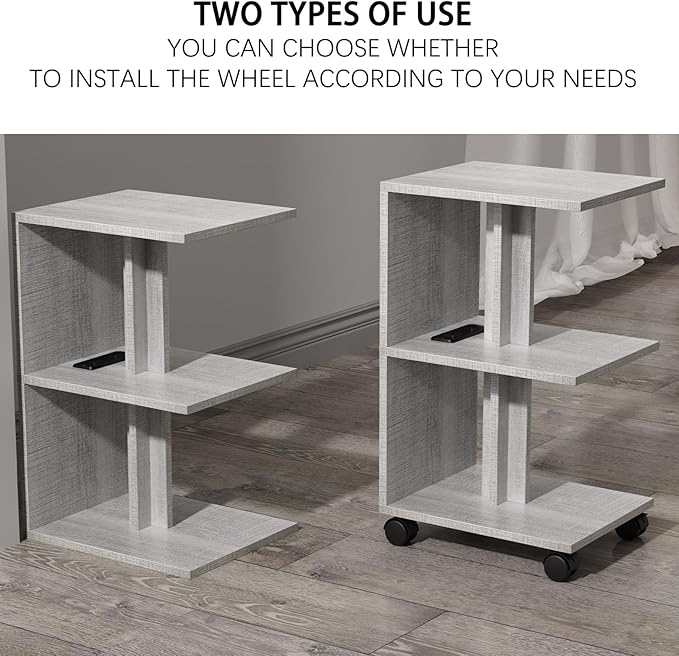 1 Pack Night Stand with Charging Station, Small Side Table for Couch, USB Ports and Outlet, End Table with 3-Layer Storage Shelves for Small Spaces, Living Room, Bedroom, Bedside (Gray)