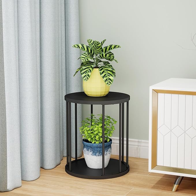 Plant Stand Indoor,small plant stool,Flower Pot Corner stand holder,Mid Century Heavy Duty Metal Tall Home Decor,Modern Round End Table,Small Rustic Display Stand for Living Room,Bedroom(Black,2 Packs)