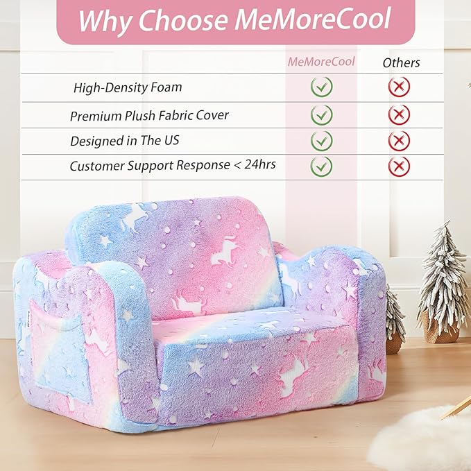 MeMoreCool Toddler Chair & Sofa Bed – Glow‑in‑The‑Dark Unicorn Design | Convertible Fold‑Out Plush Couch for Kids Ages 1‑5, Machine‑Washable Cover, Ideal for Playroom, Naps, Travel