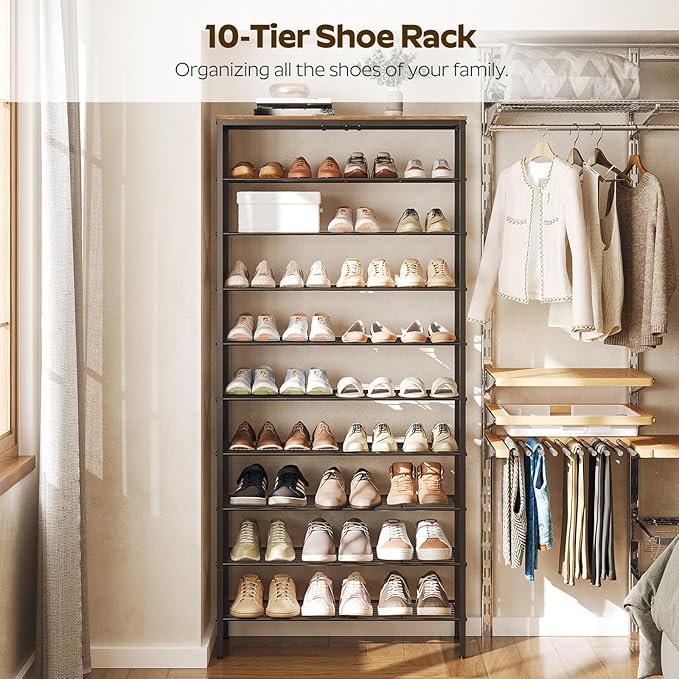 10 Tier Shoe Rack, Large Capacity Shoe Storage Organizer Holds 40 Pairs, Sturdy and Stable, for Entryway, Hallway, Closet, Dorm Room, Rustic Brown SS10BR