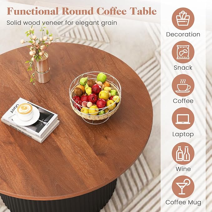 Giantex Round Coffee Table, 32" Wooden Accent Cocktail Tea Table with Solid Wood Veneered & Fluted Design, Mid Century Modern Center Table for Living Room, Black & Walnut