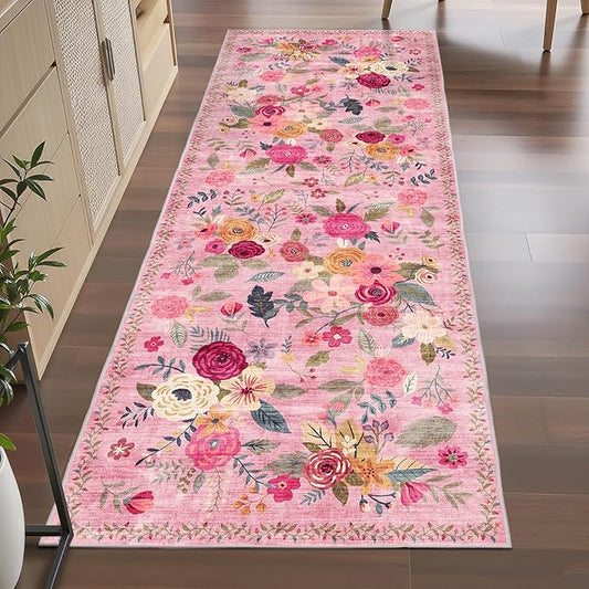 Pink Rug for Hallways Kitchen Rug 2x6, Non Slip Washable Rugs with Rubber Backing Soft Floral Carpet Runner for Hallways, Kitchen, Laundry, Bedroom, Bathroom (2 x 6, Pink Lawn)
