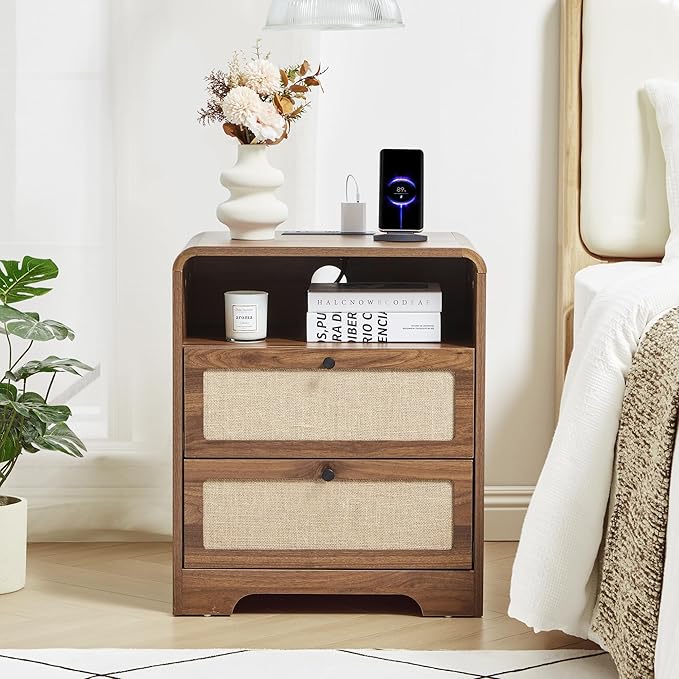 Modern Night Stand with Charging Station and 2 Drawers, Wooden Side Table Curved Nightstands with USB/Type-C Ports, Large Mid Century End Table for Living Room, Bedroom, Nature Linen, Walnut