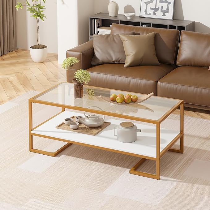 Coffee Table, 2 Tier Tempered Glass Coffee Table, Rectangle Modern Center Table with Metal Frame, Glass Accent Table Open Storage Shelf for Living Room, Office, White