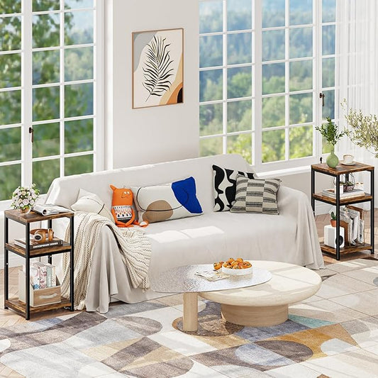 Simple Trending 3 Tier End Table, Side Table Sofa Couch Table for Living Room, Night Stand Storage Shelf, Rustic Brown