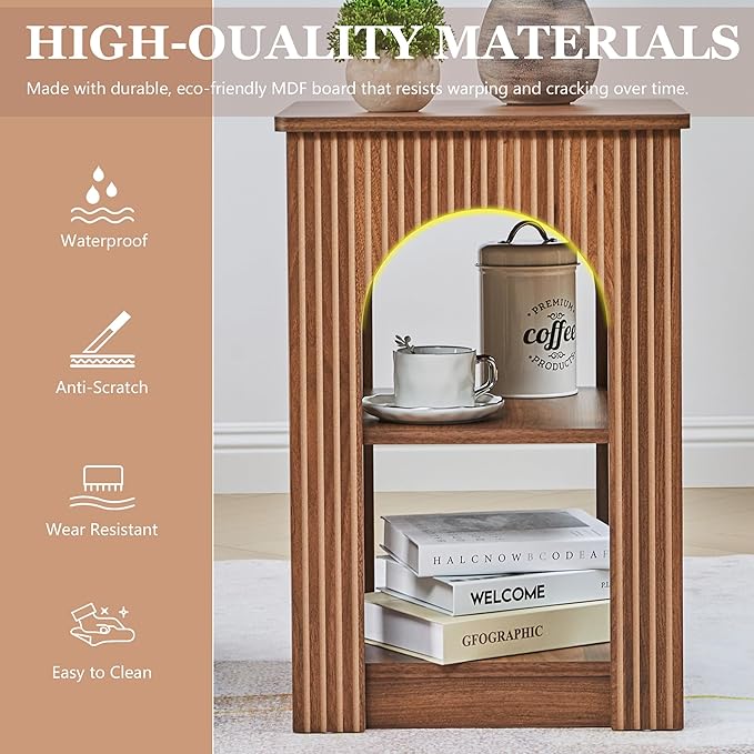 End Table Set of 2, Mid-Century Modern Side Table with 3-Tier Storage Shelves and Arched Carving Lines, Square Fluted Nightstand for Living Room, Bedroom, or Office (2, Walnut)