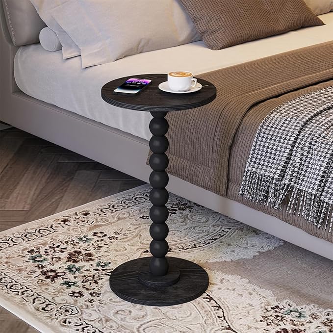 Round Side Table, Small Drink Table for Small Spaces, Pedestal End Table for Living Room, Modern Accent Nightstand with Solid Wood Leg for Bedroom, Corners and Office Black Color UTBT005B