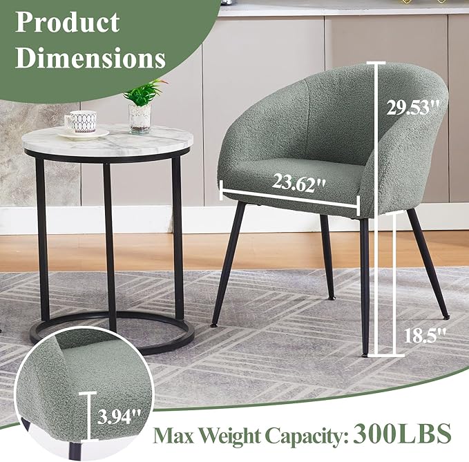 Modern Small Accent Chair Set of 4, Comfy Sherpa Makeup Vanity Chair with Metal Legs, Decorative Dining Chair no Wheels for Living Room, Dressing Room, Bedroom, Green