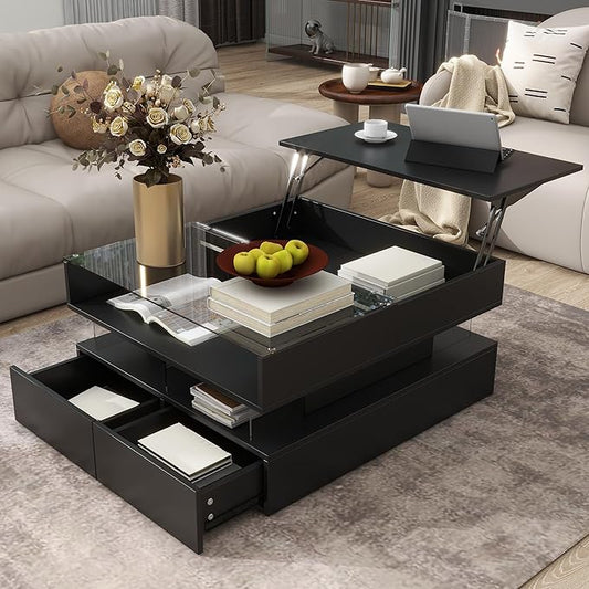 29.5" Lift Top Coffee Table with 2 Drawers and LED Lights, Modern Square High-Gloss Center Table Cocktail Tea Table with Glass Top and Hidden Space for Living Room Apartment Black