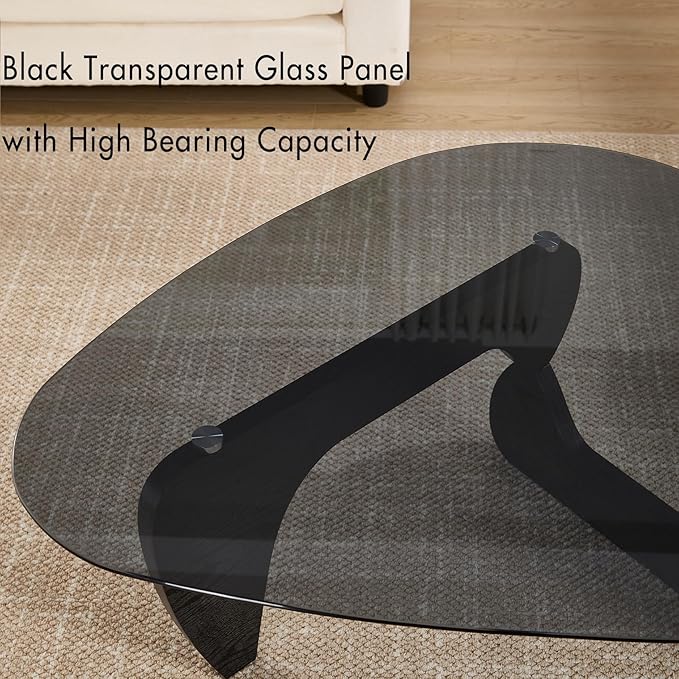 Black Glass Coffee Table, 44.5" Triangle Center Table with Wood Base Abstract Contemporary Coffee Table for Living Room Office Patio, Grey