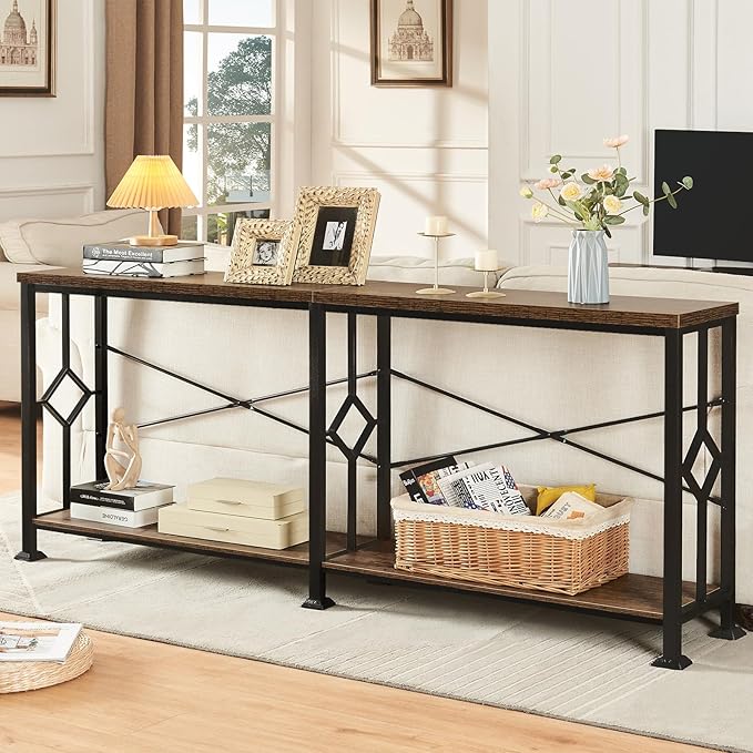 HOMISSUE Long Entryway Console Table, 70.9" Industrial Narrow Sofa Tables Behind Couch with 2 Tier Storage Shelf for Hallway, Living Room, Rustic Brown