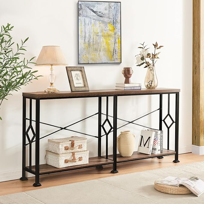HOMISSUE Long Entryway Console Table, 70.9" Industrial Narrow Sofa Tables Behind Couch with 2 Tier Storage Shelf for Hallway, Living Room, Rustic Brown
