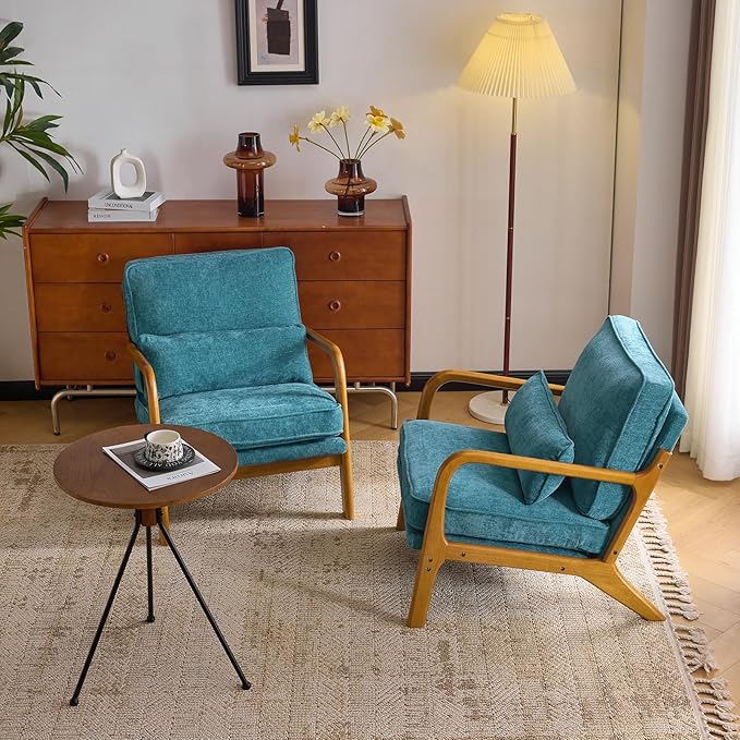 VINGLI Chenille Mid-Century Modern Accent Chair Set of 2, Cute Reading Arm Chair with Cushion & Lumbar Pillow & Solid Wood Frame for Lounge, Living Room, Reading Room, Bedroom, Turquoise